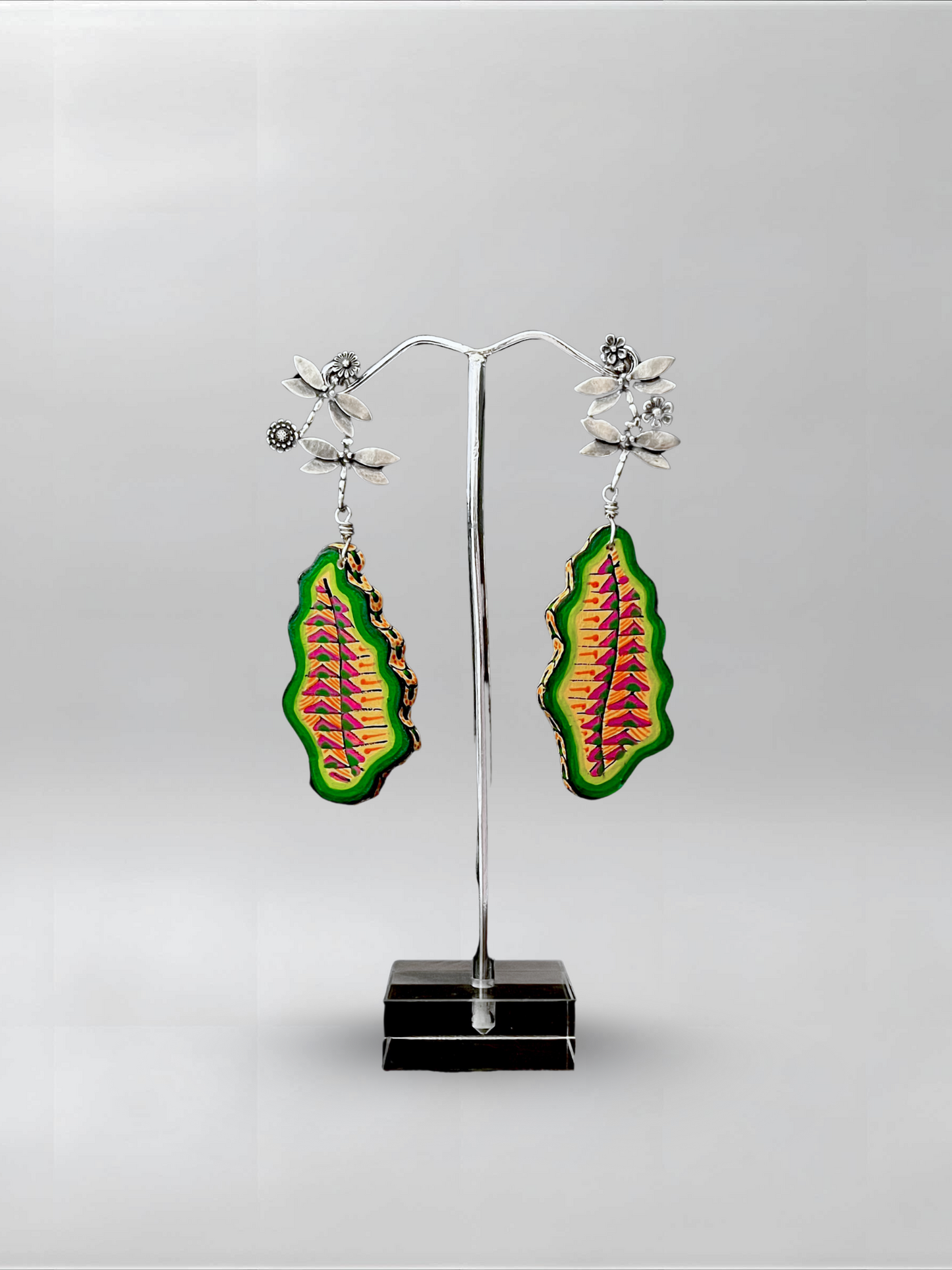 Dragonfly Green Yellow Abstract Earrings