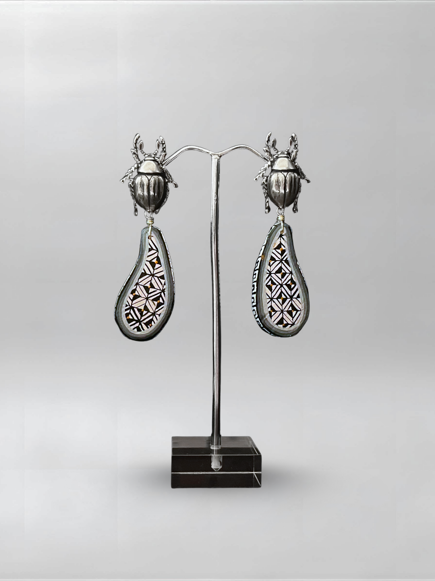 Beetle Black White Abstract Earrings