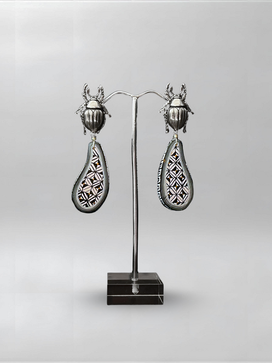 Beetle Black White Abstract Earrings