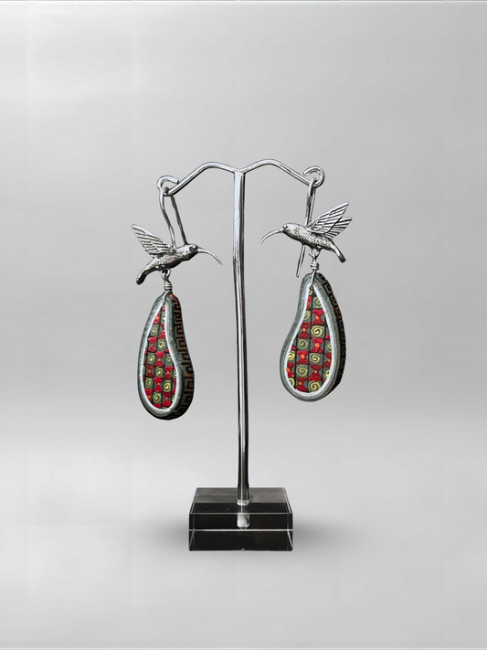 Hummingbird Black Red Curved Earrings